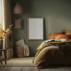 A Scandinavianstyle bedroom with a cozy and inviting atmosphere featuring a blend of vintage and boho elements The room is dominated by deep matte green and warm orange