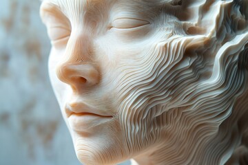 Close-up of a white sculpted face with detailed, layered, wavy textures on the cheek.