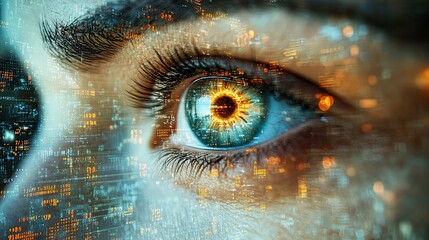 A close up of a human eye with a digital overlay showing glowing data in a mesmerizing abstract image.  The eye is looking into the digital future. .