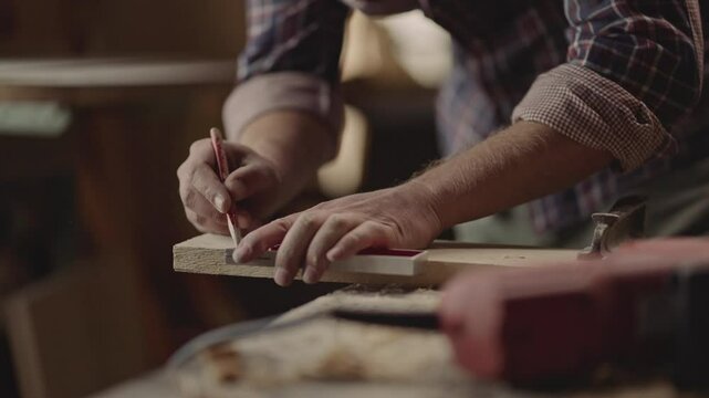 Close-up hands of a expert carpenter taking measurement of a wooden plank with a ruler and pencil and cutting on the workbench