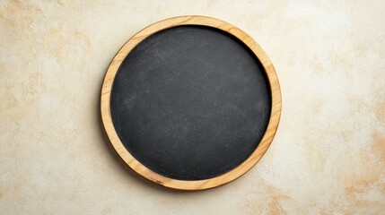 Circular wooden tray with blank black chalkboard surface, perfect for displaying messages or serving food, placed on textured beige background for versatile use in food styling and decor