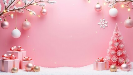 pink Christmas-themed scene with elegant holiday decorations on soft pink background, copy space, Christmas tree baubles gift boxes holiday lights. advertisements, holiday sales or promotion concept.
