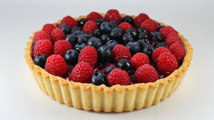 Fresh berry tart with a buttery crust, topped with raspberries, blueberries, and strawberries 