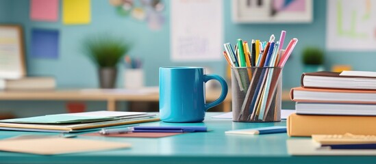 A well-organized teacher's desk with a stack of books, coffee mug, and stationery, 