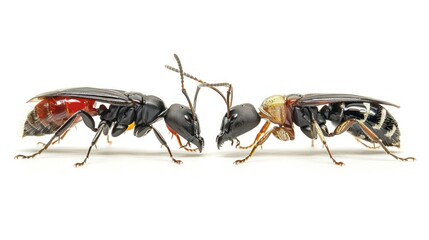 Two ants facing each other with their mandibles open, isolated on a white background.