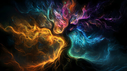 Fototapeta premium Digital illustration of a tree of life in luminescent colors on a black background. Luminescent. Illustration