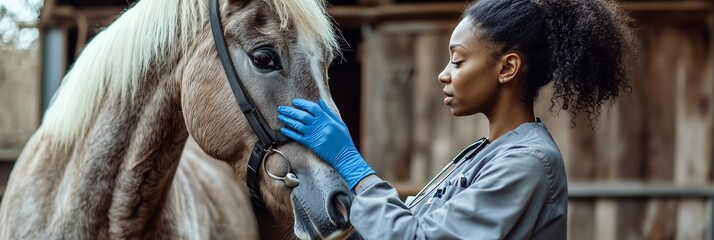 A dedicated veterinarian is providing exceptional care for a beautiful horse in a cozy barn, showcasing impressive skills that highlight their commitment to the wellbeing of the animals