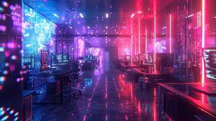 Obraz premium Vibrant neon lit futuristic gaming room with glowing screens and colorful bokeh, concept for esports tournament, gaming event promotion and virtual reality experience