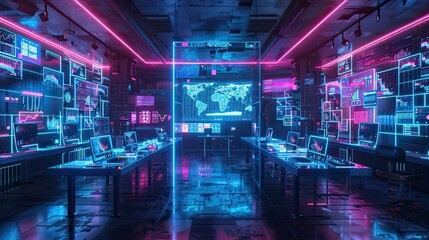 A futuristic and sleek control room with glowing blue and pink neon lights reflecting off the polished floor and illuminating a large digital map of the world on the wall. .