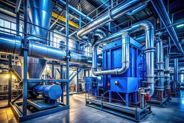 Top View of Biomass Boilers with Pipelines Installed in an Industrial Boiler Room, Blue Toning, Showcasing Energy Efficiency and Sustainable Heating Solutions for Modern Infrastructure
