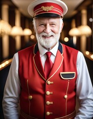 Old man working as a bellboy in a hotel with a red uniform and cap.