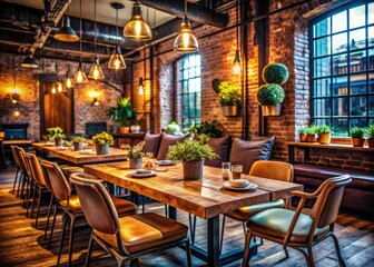 Urban Exploration Dining Interior: Rustic Charm, Industrial Design, Cozy Atmosphere, Vintage Decor, Exposed Brick, Ambient Lighting, Unique Furniture.
