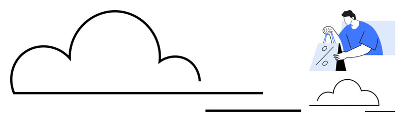 Man in blue shirt delivering package with cloud elements, emphasizing modern logistics. Ideal for e-commerce, delivery services, cloud computing, online shopping, modern logistics, customer service