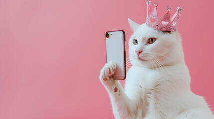 A white fluffy cat wearing a crown takes a selfie on a pink background, creating a bright and fun image perfect for a banner, flyer or cover with an emphasis on creativity and free space for text