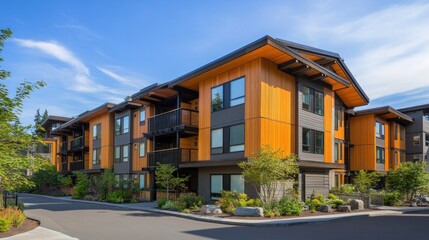 Fototapeta premium Modern apartment building with vibrant wood accents.