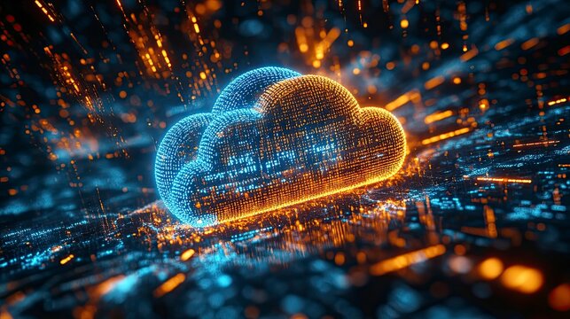 Vibrant digital cloud computing network with glowing orange and blue lights, concept for data storage, cloud technology and futuristic innovation
