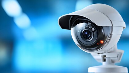 Surveillance camera with a clear lens and protective cover, mounted for security purposes.