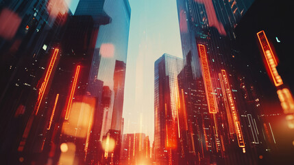 Digital candlestick charts and trading indicators overlay sunny skyscrapers, symbolizing growth and market trends in a vibrant financial setting. Double exposure effect. Forex trade market.