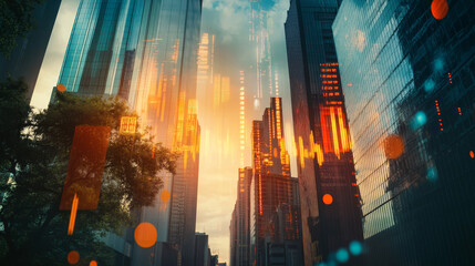 Digital candlestick charts and trading indicators overlay sunny skyscrapers, symbolizing growth and market trends in a vibrant financial setting. Double exposure effect. Forex trade market.