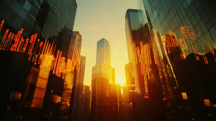 Digital candlestick charts and trading indicators overlay sunny skyscrapers, symbolizing growth and market trends in a vibrant financial setting. Double exposure effect. Forex trade market.