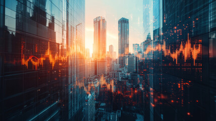 Digital candlestick charts and trading indicators overlay sunny skyscrapers, symbolizing growth and market trends in a vibrant financial setting. Double exposure effect. Forex trade market.