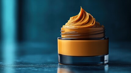 A jar of creamy orange substance with a decorative swirl on top.