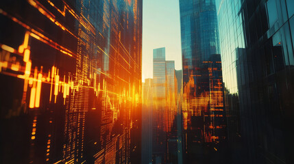 Fototapeta premium Digital candlestick charts and trading indicators overlay sunny skyscrapers, symbolizing growth and market trends in a vibrant financial setting. Double exposure effect. Forex trade market.