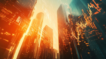 Digital candlestick charts and trading indicators overlay sunny skyscrapers, symbolizing growth and market trends in a vibrant financial setting. Double exposure effect. Forex trade market.