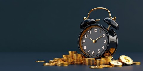 Financial management tips alarm clock and gold coins digital workspace realistic style minimalist setup time and wealth concept