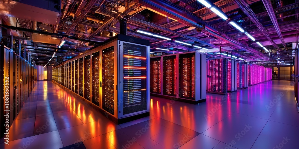 Poster illuminated data processing event in a futuristic neonlit server room technology hub high-tech envir