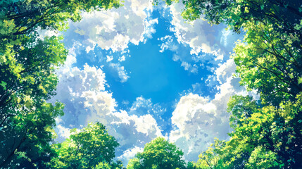 Blue sky with clouds peaking through a forest canopy.