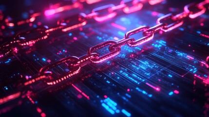 A close-up of a metallic chain on a digital background with neon lights.