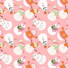Merry Christmas and happy new year pattern with cute snowman in winter costume. Holiday cartoon and character in scarf and hat flat style on pink background. Print, wrapping paper, wallpaper, card