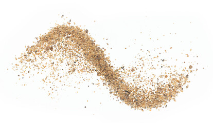 Big size Sand flying explosion, Golden grain wave explode. Abstract cloud fly. Yellow colored sand splash throwing in Air. White background Isolated high speed shutter, throwing freeze stop motion