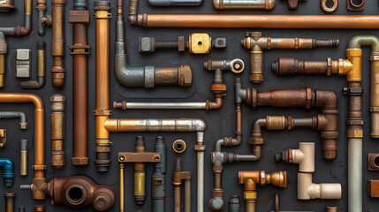 Network of copper, brass, and steel pipes on a dark background