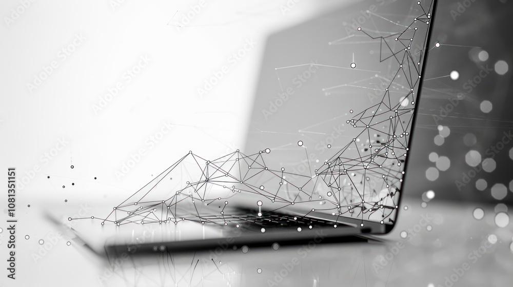 Wall mural a silver laptop computer with a digital network of data and connections emanating from it.