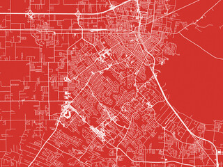 Christmas Map of Lafayette Louisiana, USA in Snowy White on Festive Red Background.