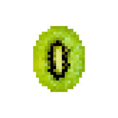 Pixel kiwi isolated on white background. Half of a pixelated kiwi fruit in retro 8 bit video game style. Pixel art
