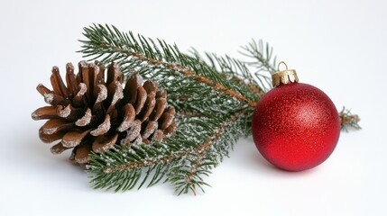 Fototapeta premium A Christmas decoration featuring a pine cone, evergreen twig, and a red ornament arranged on a clean white surface