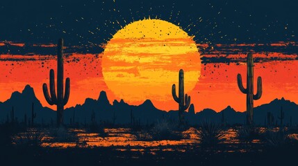 A desert landscape with a large sun setting in the distance. Silhouetted cacti stand tall in the foreground, and mountains in the distance. The sky is a vibrant orange and red.