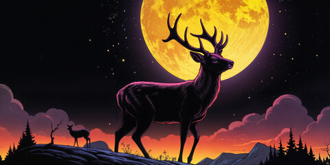 a majestic deer standing on a rocky outcropping, silhouetted against a full moon in the background.