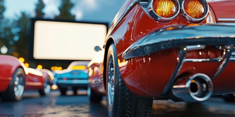 Classic american drive-in movie night outdoor cinema nostalgic car culture evening setting low angle view americana experience