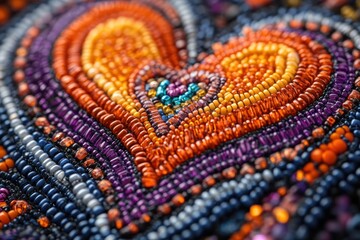A close-up of a beaded heart with colorful beads in orange, yellow, purple, and blue.