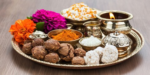 Fototapeta premium Festive diwali pooja thali arrangement home setting food photography elegant decor celebratory concept