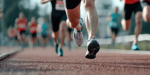 Dynamic race event featuring runners on a track outdoor sports environment close-up perspective for athletic competition promotion