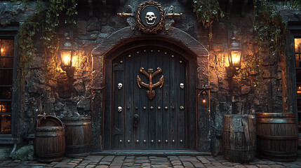 pirate, hideout, bar, entrance, exterior, cool, suspicious, atmosphere, friends, gathering, meal, Restaurant, Illustration, Art, Cartoon, Watercolor, Night, Street, City, Lights, Architecture, door, 
