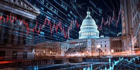 Financial analysis event capitol building with stock market graphics overlay washington d.C. Digital art night scene economic trends