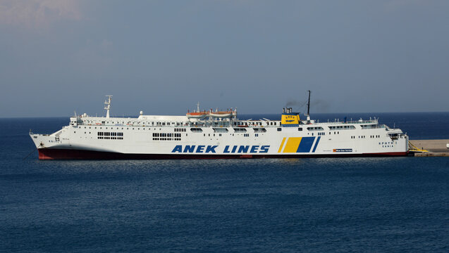 MS Kriti I is a RO/PAX ferry ship owned and operated by ANEK Lines, moored in the port of Rhodes Town, Rhodes, Greece	