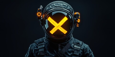 Dark astronaut with yellow xs over eyes futuristic space exploration digital art sci-fi environment front view conceptual imagery