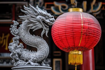 Obraz premium Chinese New Year. A dragon statue is next to a red lantern